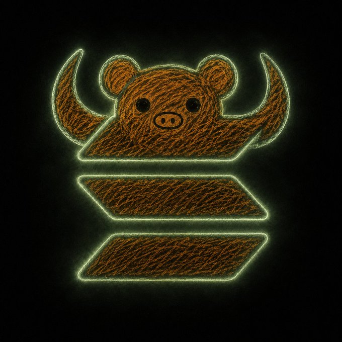 A glowing green neon-style logo featuring an orange scribbled bear head with raised arms above two stacked trapezoidal bars on a black background.