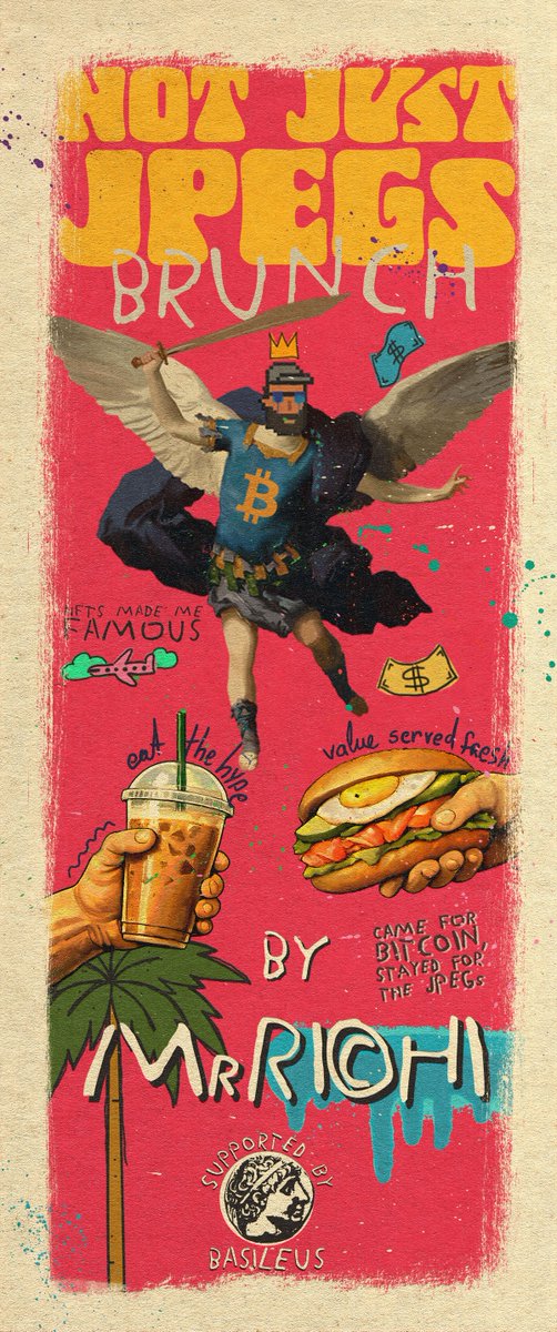 A vibrant poster for "Not Just Jegs Brunch" features a cartoon character, a sandwich, and a green plant, with the text "Not Just Jegs Brunch" at the top and "Mr. Rchi" below it.