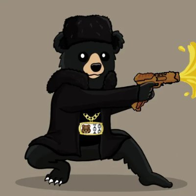 A cartoon illustration of a black bear wearing an ushanka hat, holding and firing a gold pistol with a muzzle flash.