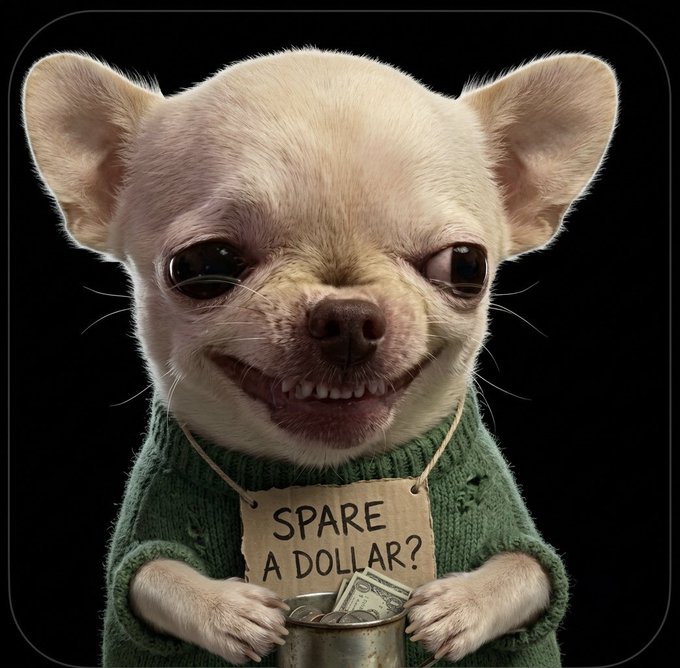 A small chihuahua wearing a green sweater holds a tin can with a sign reading "SPARE A DOLLAR?" and dollar bills inside, humorously illustrating the "Gm" (good morning) greeting by depicting a begging dog asking for spare change.