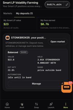 A mobile app screenshot titled 'Smart LP Volatility Farming' showing a $23 portfolio with $0.76 earnings, featuring a $STONKBROKER position worth $22.60 with 22% estimated APY and an 'AUTOMATION idle until in band' status.