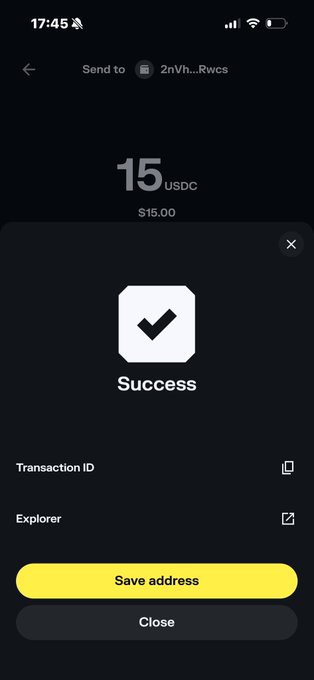A mobile screen shows a successful 15 USDC ($15.00) transaction confirmation, with options to save the address or close. The image confirms the sender sent $15 to a recipient, matching the post about sending $15 to the tagged users.