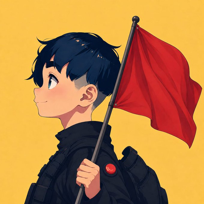 An anime-style illustration depicts a young boy with dark blue hair, seen in profile, wearing a black tactical outfit and holding a large red flag against a solid yellow background.