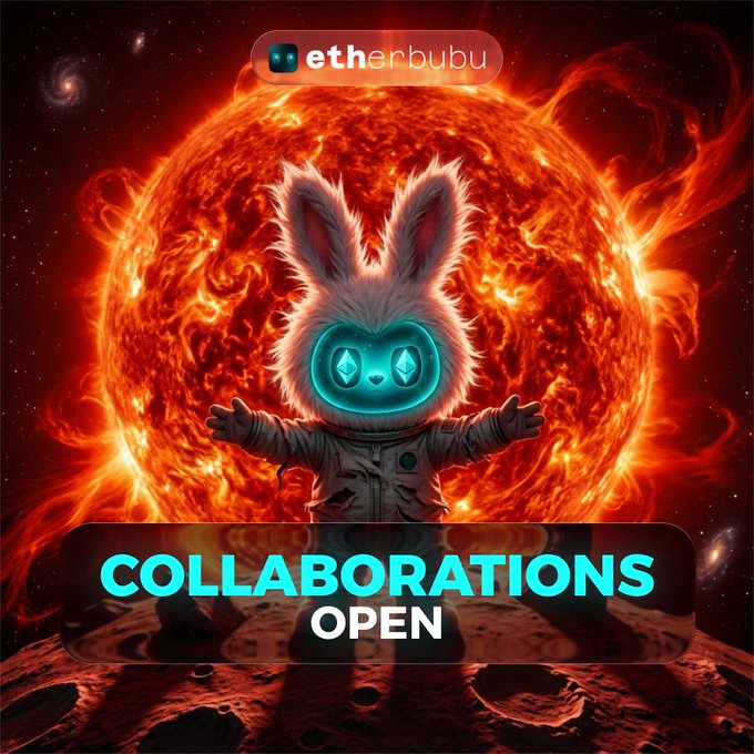 The image features a fluffy white bunny mascot in a spacesuit standing before a fiery sun, with the text "COLLABORATIONS OPEN" prominently displayed and "etherbubu" logo at the top, promoting the project's openness to partnerships while promising Alpha Club access to its community.