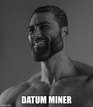 A black-and-white photo shows a muscular, bearded man smiling confidently with slicked-back hair, with the text "DATUM MINER" overlaid at the bottom, humorously framing the anonymous miner's mysterious confidence in mining a BIP110 block.