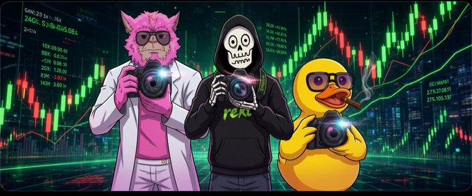 An AI-generated digital illustration shows three meme-style characters—a pink furry cat, a skeleton in a black hoodie, and a cigar-smoking duck—all holding cameras in front of green and red stock market candlestick charts.