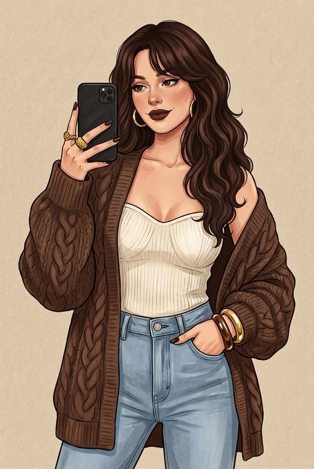 A digital illustration of a stylish young woman with long wavy brown hair, wearing a brown knit cardigan over a white bustier top and jeans, taking a mirror selfie with her smartphone.