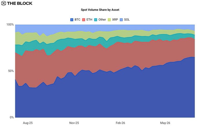 A stacked area chart from The Block titled "Spot Volume Share by Asset" tracks the market share of BTC, ETH, Other, XRP, and SOL from August 2025 through May 2026, illustrating how Bitcoin's dominance grew from roughly 50% to 67% while ETH notably shrank—visually confirming the post's claim about Bitcoin increasingly squeezing out altcoins in spot trading volume.