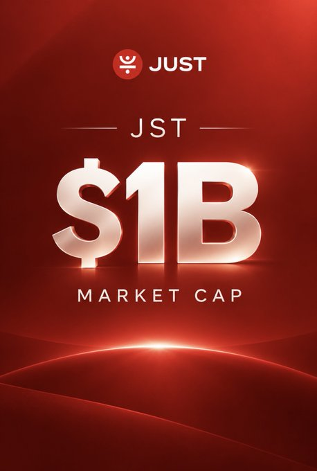 A bold red promotional graphic celebrates JST hitting a $1 billion market cap, featuring the JUST logo and ticker alongside large metallic "$1B" lettering with "MARKET CAP" displayed beneath, visually reinforcing the milestone announcement and highlighting JST's expanding role within the JUST and JustLend DAO ecosystem.