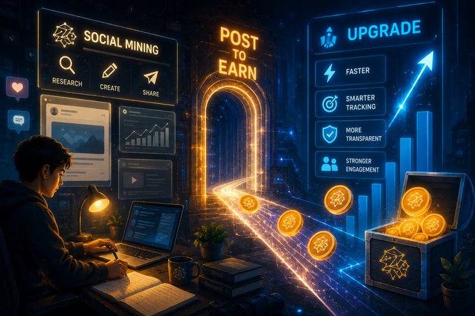 A neon-lit 'Post to Earn' illustration showing a user at a desk with floating panels labeled 'SOCIAL MINING' (Research, Create, Share), 'UPGRADE' (Faster, Smarter Tracking, More Transparent, Stronger Engagement), and a glowing trail of coins leading to a treasure chest.