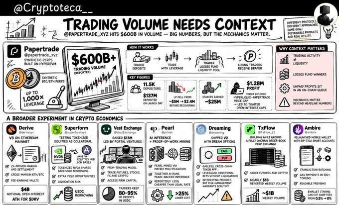 An infographic titled "Trading Volume Needs Context" highlights Papertrade (@papertrade_xyz) hitting $600B in trading volume, noting its synthetic BTC/ETH perps with up to 1,000x leverage, 11.5K traders, $137M deposited in launch day, and a $1.28M profit, while also featuring other crypto platforms like Derive, Superform, Vest Exchange, Pearl, TxFlow, and Ambire for comparison.