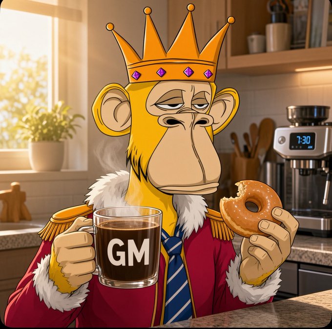 A cartoon monkey wearing a golden crown and royal robe sips from a mug labeled "GM" while holding a glazed donut in a sunlit kitchen, matching the post's "Gm" greeting and motivational morning vibe about showing up and achieving goals.