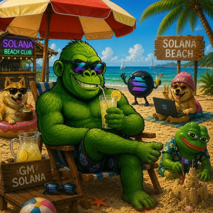 A cartoon-style illustration of a green gorilla wearing sunglasses relaxing under a beach umbrella at "SOLANA BEACH," drinking a lemonade alongside a Shiba Inu dog and a Solana mascot, with a "SOLANA BEACH CLUB" sign and "GM SOLANA" wooden sign nearby.