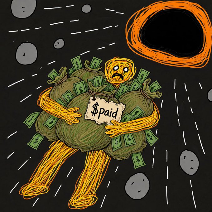 An illustration depicts a yellow, tangled creature holding green money bags and cash, labeled with a tag reading '$paid', floating in space near a black hole.