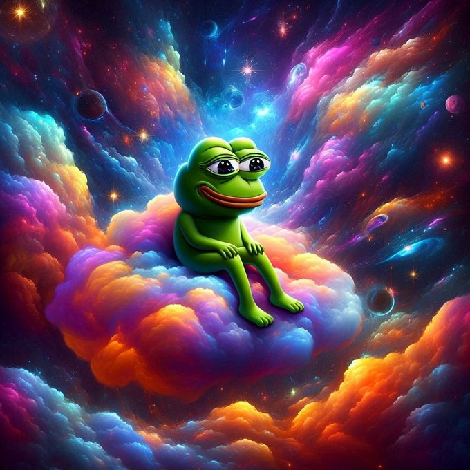 A sad Pepe the Frog sits alone on a vibrant rainbow cloud amidst a colorful cosmic nebula, embodying the bittersweet irony of a "mooning" cryptocurrency that has yet to reach its promised highs.