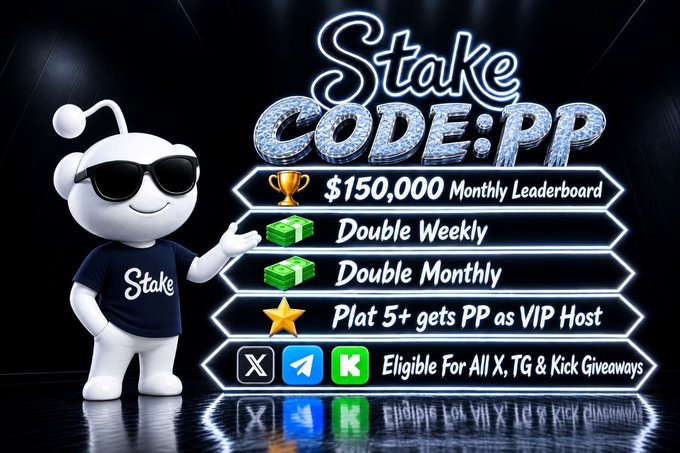 A promotional graphic featuring the Stake mascot in sunglasses advertising 'CODE: PP' with a $150,000 monthly leaderboard, double weekly and monthly bonuses, and VIP host eligibility.