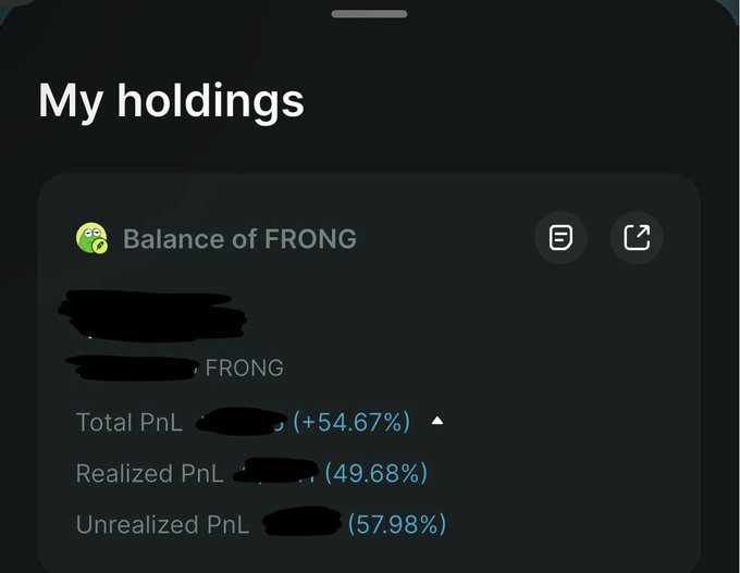 A dark-themed mobile app screenshot titled 'My holdings' showing a 'Balance of FRONG' with redacted values, displaying Total PnL (+54.67%), Realized PnL (49.68%), and Unrealized PnL (57.98%).