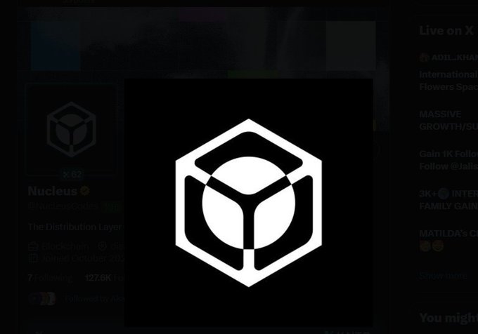 A dark-themed Twitter/X profile page for "Nucleus" (@NucleusGooba), described as "The Distribution Layer," showing 7 following, 127.6K followers, with a central hexagonal cube logo overlay.