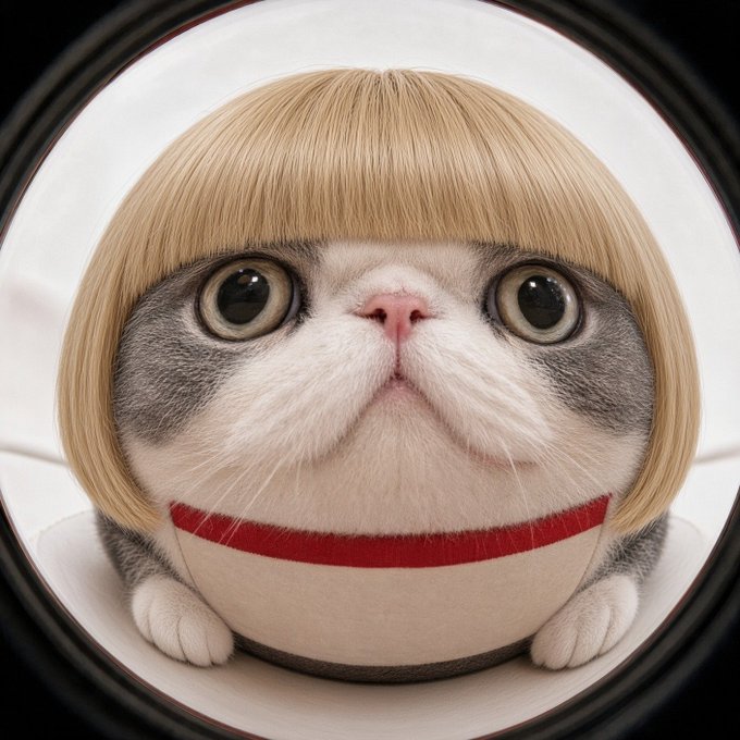 A digitally edited image of a cat with a blonde bob haircut sitting inside a bowl.