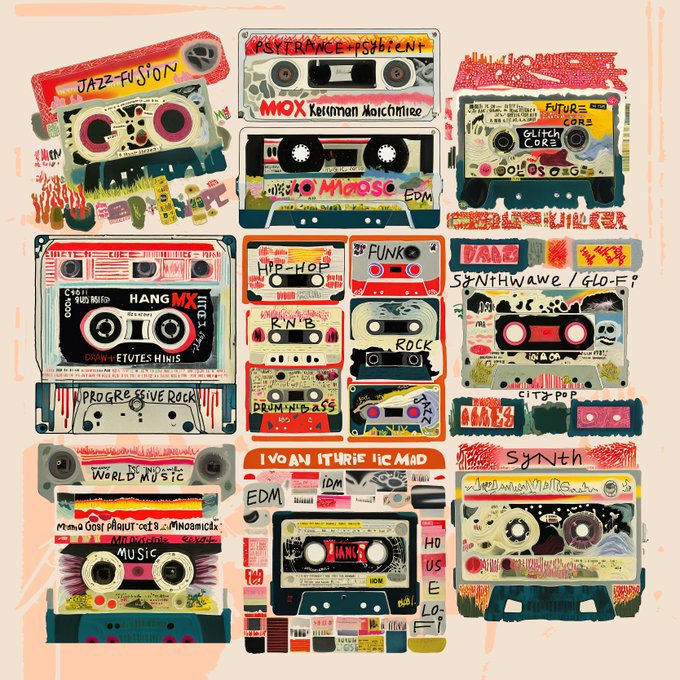 A colorful collage illustration featuring various cassette tapes labeled with different music genres like 'JAZZ-FUSION', 'PSYTRANCE', 'PSYBient', 'HIP-HOP', and 'ROCK'.