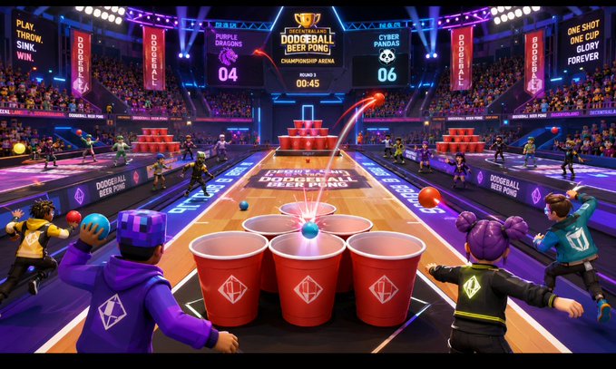 A vibrant Decentraland arena hosts "Dodgeball Beer Pong [Best Pong]," where the Purple Dragons trail the Cyborg Pandas 04 to 06 with 45 seconds left on the championship arena clock, as players launch glowing balls at opponent cups while navigating moving obstacles.