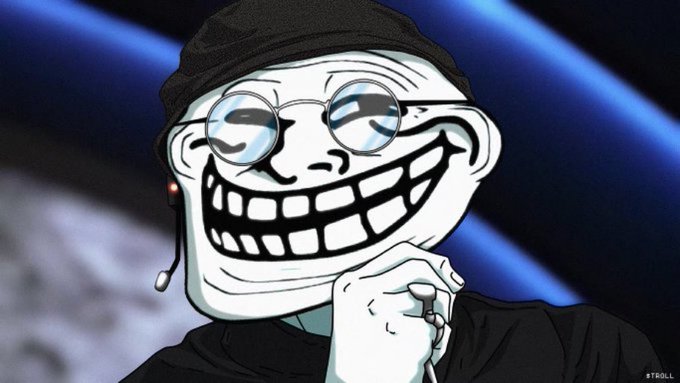 A trollface meme character wearing a black cap and round glasses, holding a pen, with a blue background and '#TROLL' watermark.