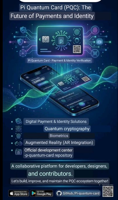The image is a promotional graphic for the Pi Quantum Card (PQC), showcasing its integration of quantum encryption, biometric security, and augmented reality for digital payments and identity verification, with a smartphone displaying the app and a futuristic glowing card design. It highlights features like digital payment and identity solutions, quantum cryptography, biometrics, and AR integration, and invites developers to contribute via the GitHub repository (Pi-quantum-card) with apps available on the App Store and Google Play.