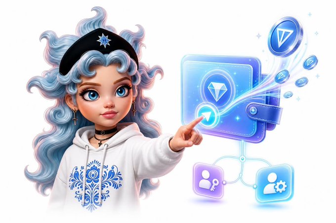 A 3D cartoon illustration of a girl with blue hair wearing a white patterned hoodie, pointing at a glowing blue wallet icon with a diamond and TON symbol, connected to user profile icons.