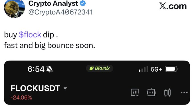 Tweet from 'Crypto Analyst' (@CryptoA40672341) on X.com saying 'buy $flock dip. fast and big bounce soon,' alongside a Bitunix widget showing FLOCKUSDT down -24.06%.