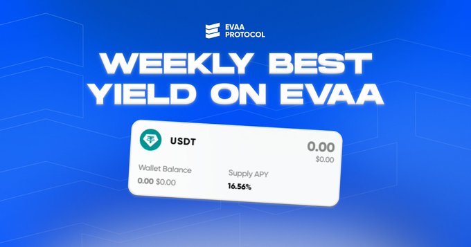 A blue promotional graphic for EVAA Protocol highlighting "Weekly Best Yield on EVAA," featuring a USDT card that displays a Wallet Balance of $0.00 and a Supply APY of 16.56%. The image visually reinforces the post's announcement of USDT leading the EVAA LP Pool with over 16.5% Supply APY this week.