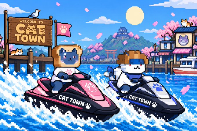 Pixel art of 'Cat Town' depicts two cat characters riding jet skis branded with 'CAT TOWN' across blue water, with a 'WELCOME TO CAT TOWN' sign, cherry blossoms, and a Japanese-style castle on a hill in the background.