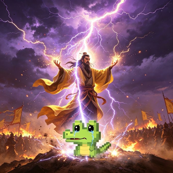 A pixelated green crocodile crying sits in the foreground while a robed, bearded figure floats above, summoning dramatic purple lightning bolts amid a fiery battlefield with banners and armies in the background, symbolizing the poster's frustration and portrayal of divine retribution against GMGN's poor customer service.