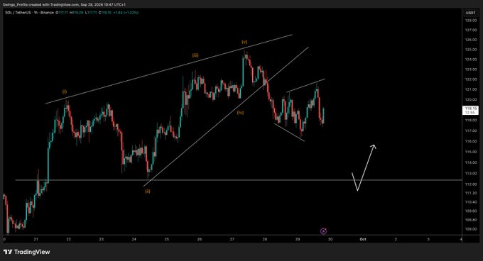 A TradingView chart of Solana (SOL) on Binance showing 1-hour candles from September 20-30, 2026, with technical analysis annotations including Elliott Wave labels (i, ii, iii, iv), trendlines, and a horizontal support level around $113. A white arrow indicates a projected downward move followed by an upward recovery.