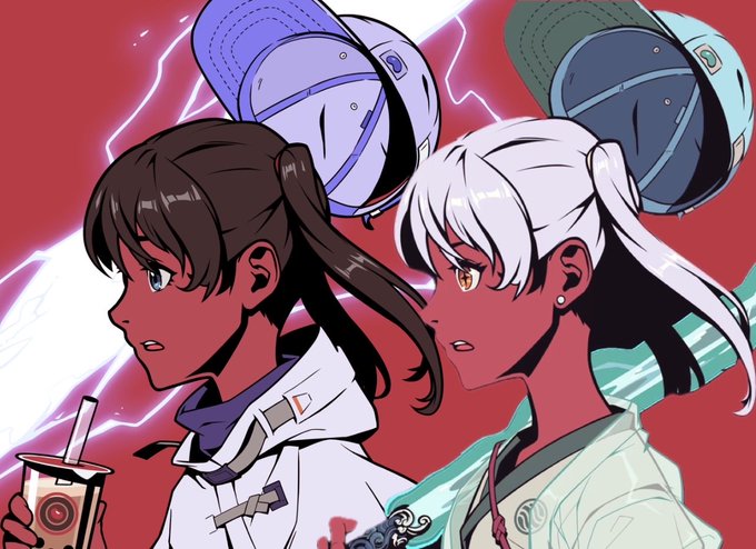 Anime-style illustration featuring two characters with baseball caps on their heads against a red background with lightning, one holding a boba drink.