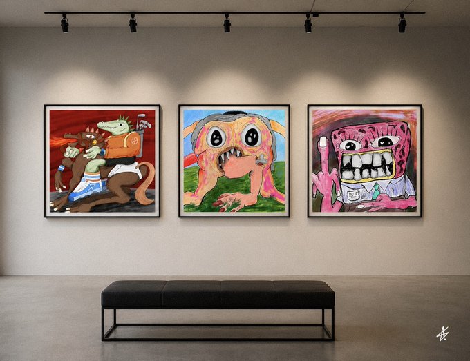 A modern art gallery interior displaying three framed paintings of colorful, cartoonish creatures with exaggerated teeth, above a black bench.