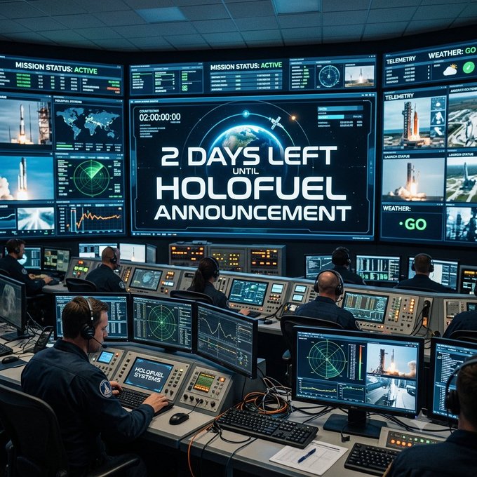 A mission control room scene with multiple operators at computer stations beneath large screens displaying '2 DAYS LEFT UNTIL HOLOFUEL ANNOUNCEMENT' along with mission status: ACTIVE, telemetry, weather: GO, and a countdown timer.
