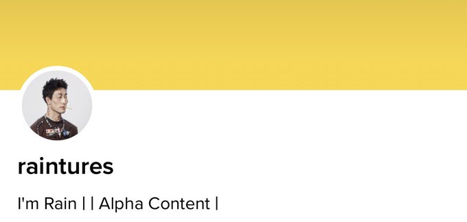 The image features a social media post with a yellow background, white text, and an image of a person's face. The caption reads "I'm Rain" followed by "Rain content", which seems to be related to the post about Bitcoin.