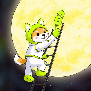 This image shows an astronaut Shiba Inu climbing a ladder towards the moon, symbolizing the $ASTEROID memecoin's journey and reach for the stars, as highlighted by the accompanying post about token holder rewards and potential Binance features. The Shiba Inu's presence, coupled with the celestial imagery, directly relates to the "Stock x Memes narrative" mentioned in the post for $ASTEROID.