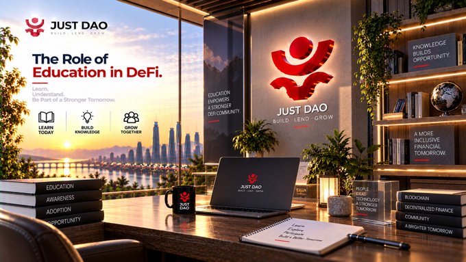 A promotional graphic for 'JUST DAO' titled 'The Role of Education in DeFi' featuring a modern office scene with a laptop, books labeled 'EDUCATION, AWARENESS, ADOPTION, OPPORTUNITY', and the tagline 'BUILD · LEND · GROW'.