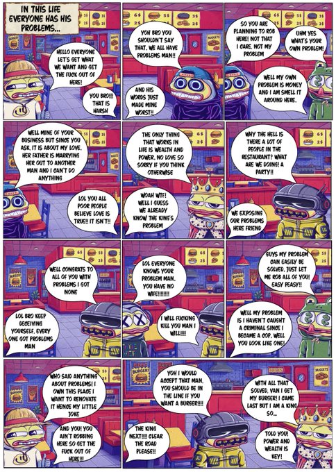 NFT comic strip titled 'IN THIS LIFE EVERYONE HAS HIS PROBLEMS' featuring frog characters in royal attire having a humorous conversation about everyone's problems being relatable.