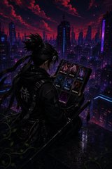 A figure sits in silhouette overlooking a dystopian neon city at dusk, holding a tablet displaying what appears to be a deck of cards. The image's ominous atmosphere mirrors the post's narrative tension—Yuzu having survived a Guardian encounter to collect the 10 Hamieverse cards—capturing the pivotal moment of choosing between Aetherion or the Liberators.