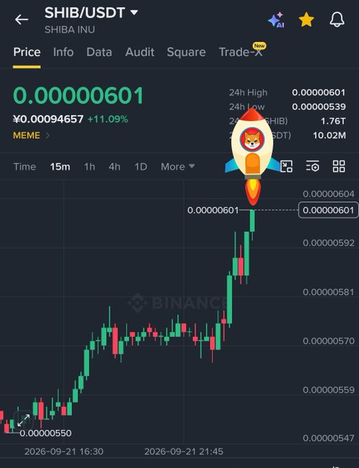 A Binance trading interface for SHIB/USDT (Shiba Inu) shows the price at 0.00000601, up 11.09%, with a candlestick chart displaying a sharp upward rally highlighted by a rocket emoji overlay.