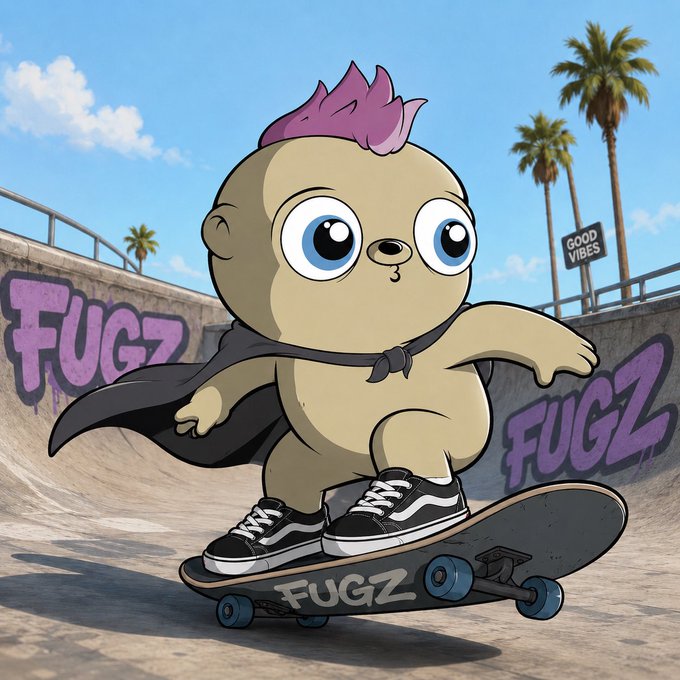 A cartoon character named 'FUGZ' skateboarding in a bowl with purple graffiti, wearing Vans sneakers and a cape, with palm trees and a 'GOOD VIBES' sign in the background.