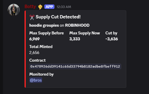 A Discord notification from "Botty" alerts that the supply of the "hoodie groupies" collection on Robinhood was cut by 3,636, dropping from a max of 6,969 to 3,333, with 2,656 already minted. The post notes the alert arrived five minutes before the official announcement, coinciding with a price increase from 0.01 ETH to 0.02 ETH (27 per wallet).
