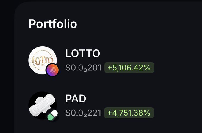 A dark-themed crypto portfolio screenshot showing two holdings, "LOTTO" at $0.03201 with a +5,106.42% gain and "PAD" at $0.03221 with a +4,751.38% gain, visually confirming the poster's claim of having bought into both tokens before significant price increases, though the actual prices displayed reflect only small fractions of a dollar rather than the ambitious "$1m+" price target mentioned in the caption.