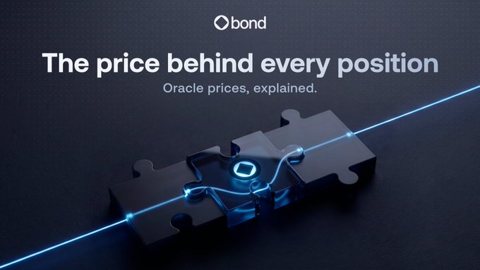 A promotional graphic for "bond" featuring the headline "The price behind every position" and subtitle "Oracle prices, explained." The image shows dark puzzle pieces connected by a glowing blue line with a hexagonal node at the center, visually representing the connection between DeFi protocols and oracle price data mentioned in the accompanying thread.