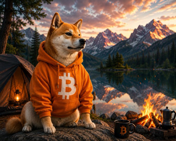 A Shiba Inu dog wearing an orange Bitcoin hoodie sitting by a campfire and a Bitcoin mug at a mountain lake campsite.