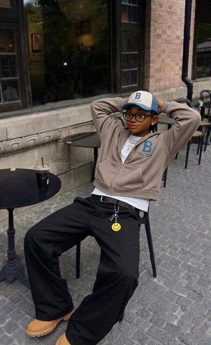 A person wearing glasses, a brown hoodie with a blue 'B' logo, a matching baseball cap, black baggy pants, and tan boots, posing outdoors at a café.