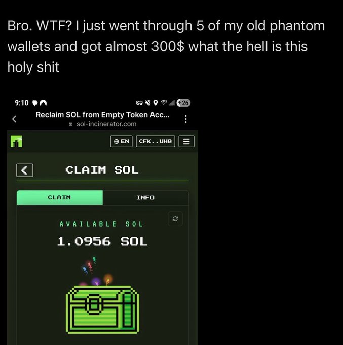 Screenshot of a social media post showing someone claiming approximately 1.0956 SOL from an Empty Token Account on sol-incinerator.com, worth almost $300 from old phantom wallets.