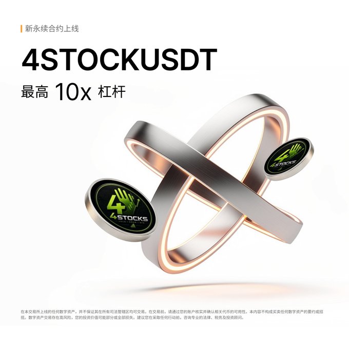 A promotional graphic for "4STOCKUSDT" featuring metallic ring designs and text reading "新永续合约上线" (New perpetual contract launched) and "最高 10x 杠杆" (Up to 10x leverage).